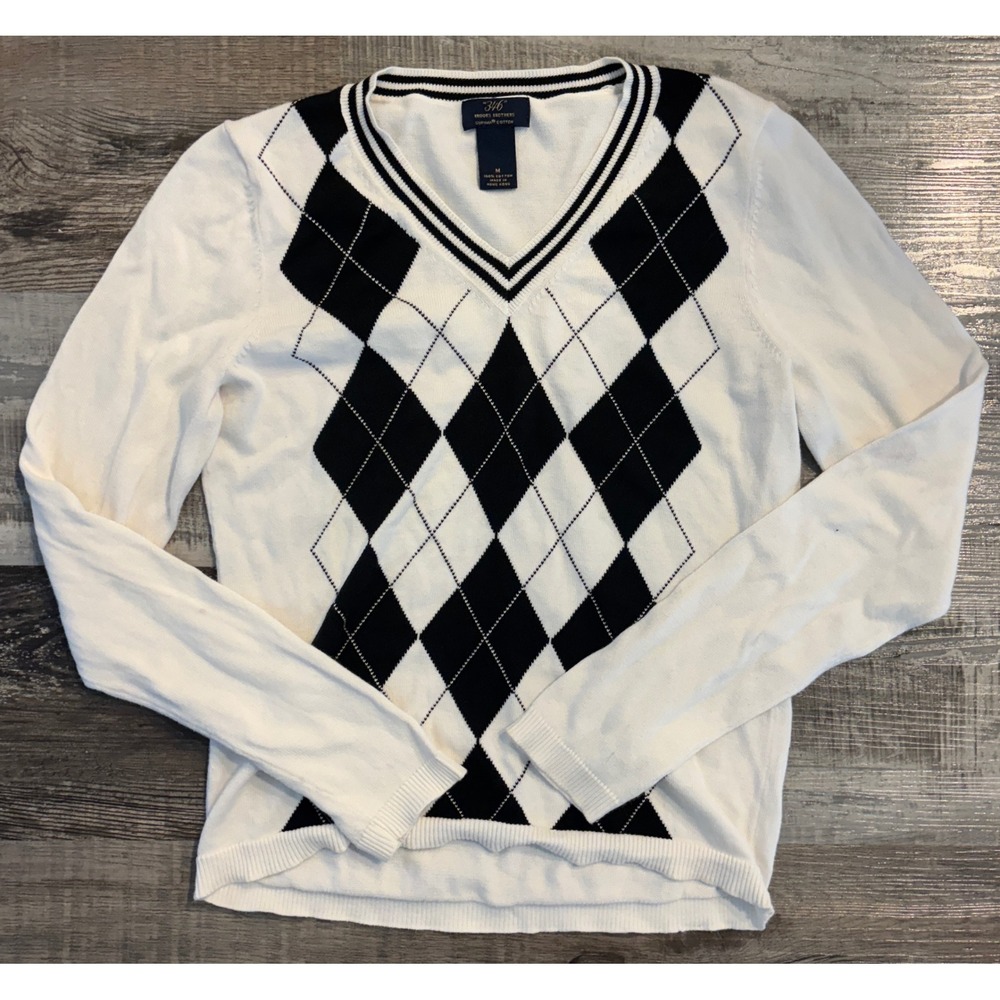 Brooks Brothers 346 Womens Supima Cotton Argyle V-Neck Sweater White Black M
